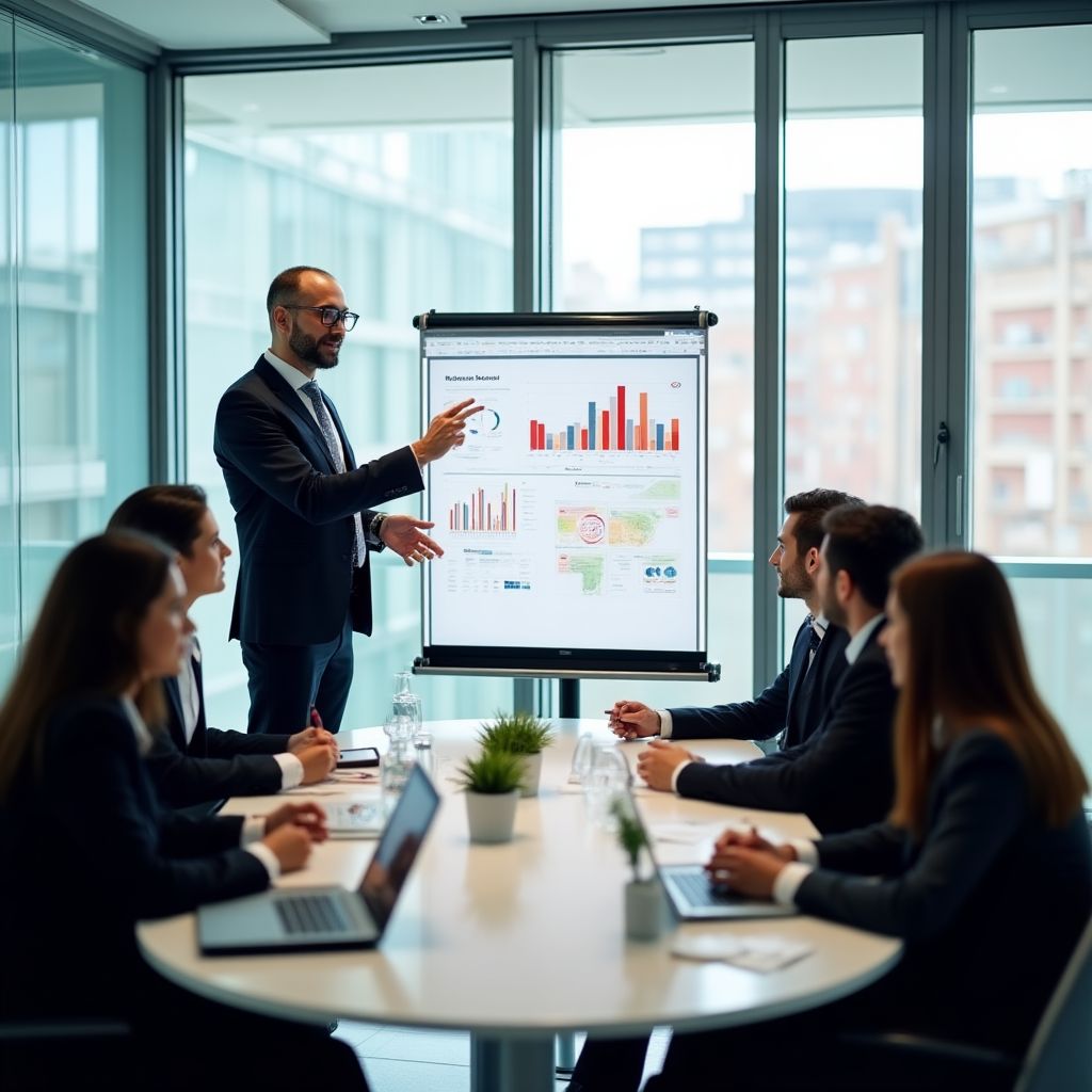 Consultor explicando estrategia a gerentes